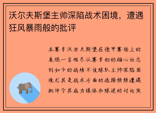 沃尔夫斯堡主帅深陷战术困境，遭遇狂风暴雨般的批评